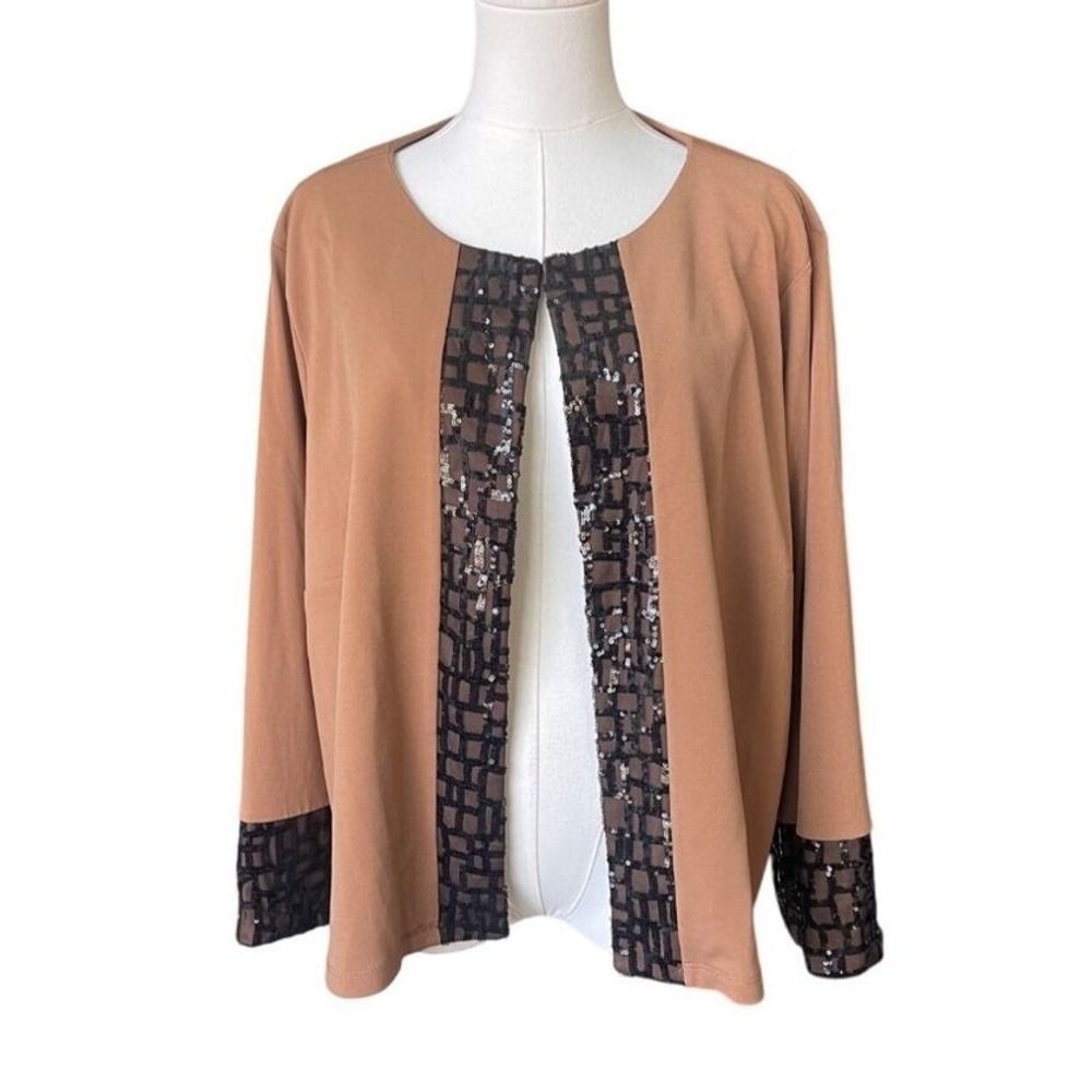 Bob Mackie Leopard Print Sequin Cardigan Sweater Jacket 2X Open Front Colorblock